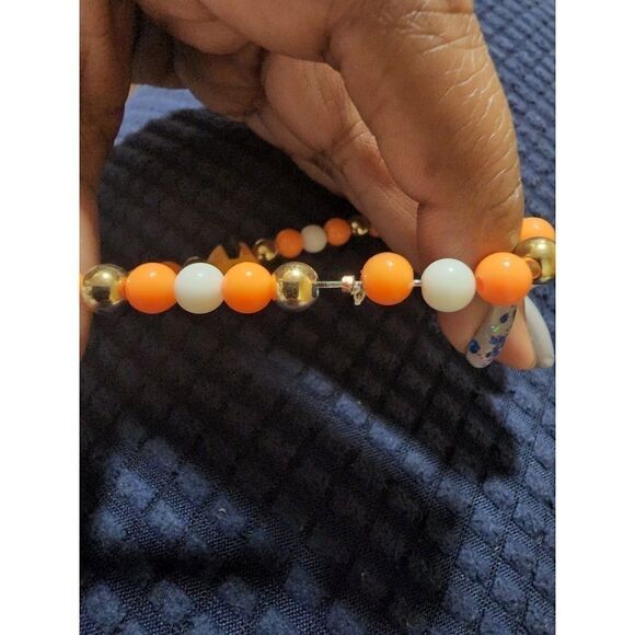 Handmade Orange and White Halloween Stretch Bracelet with Pumpkin - Picture 5 of 11